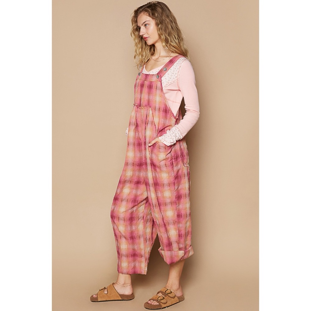 POL Red Pink Washed Cotton Plaid Overalls - Picture 5 of 7